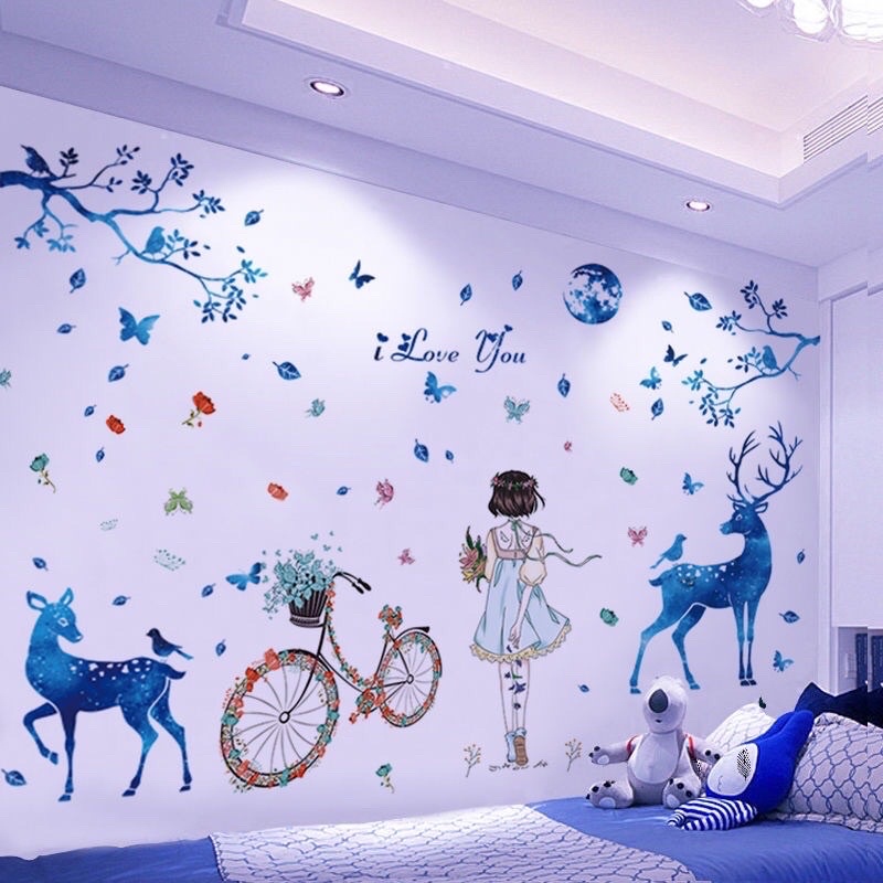 Decal dán tường nai xanh và cô gái xe đạp