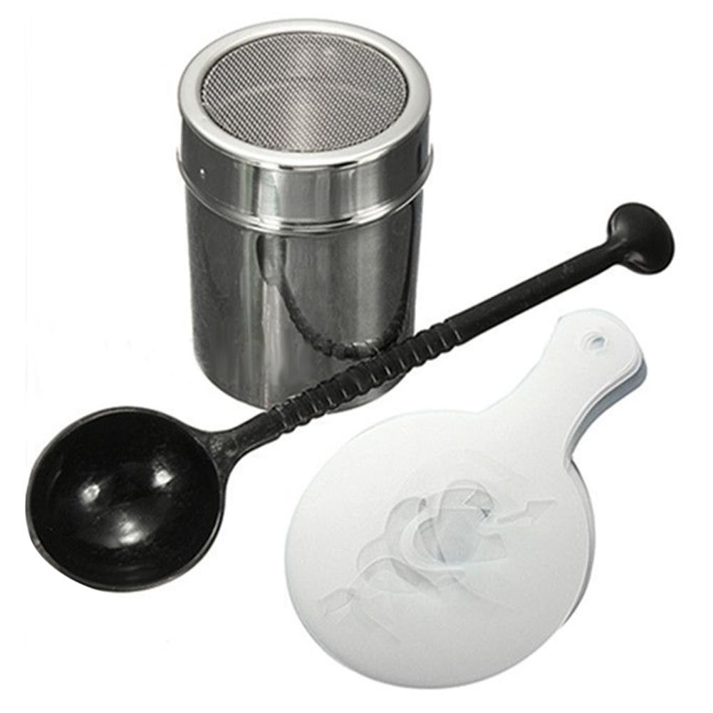 Set 16 bình lắc + khuôn rây bột bằng thép không rỉ tạo hình cà phê nghệ thuật kèm muỗng
