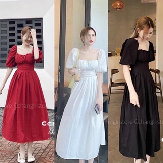 Đầm midi dự tiệc cổ vuông xếp ly cúp ngực trắng đen đỏ đi tiệc - gd239