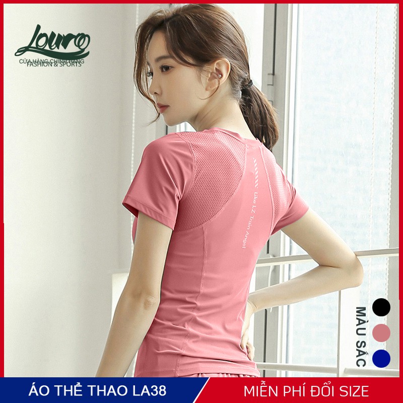 Áo thun tập gym, yoga nữ Louro LA38, kiểu áo tập gym nữ tay ngắn phối lưới, chất liệu thoáng mát, co giãn 4 chiều