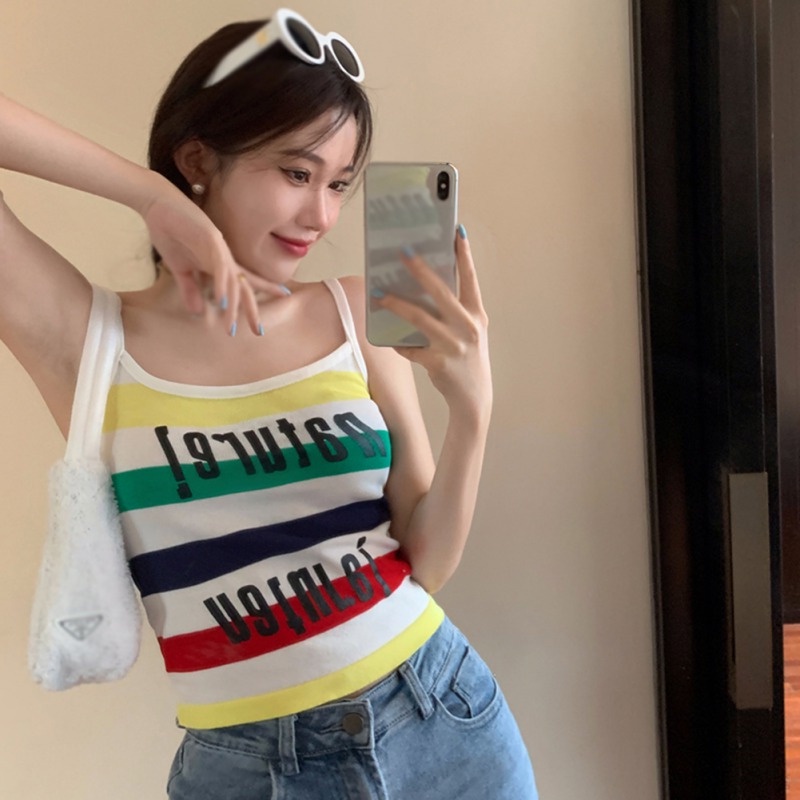 Áo Croptop Dệt Kim Sát Nách Hoạ Tiết Kẻ Sọc Thời Trang Mùa Hè Cho Phái Nữ