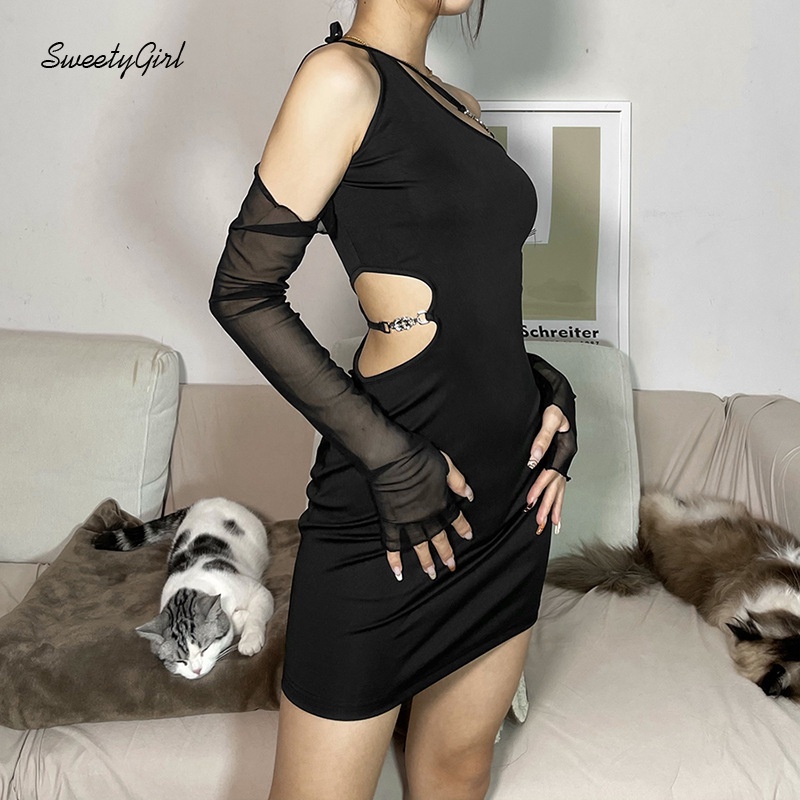 Đầm Ôm Mini Tay Dài Phối Lưới Màu Trơn Thời Trang 2022 Cho Nữ