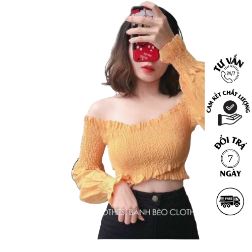 ÁO CROPTOP KIỂU NHÚN EO ĐẮP CHÉO TAY DÀI BO CHUN PHONG CÁCH C35