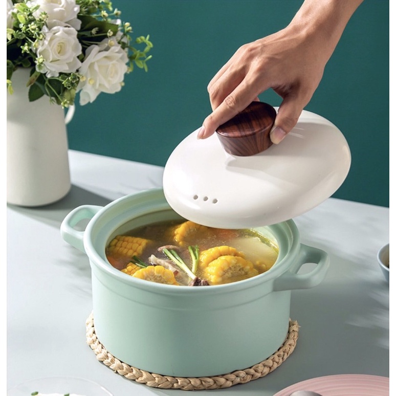 Nồi gốm chịu nhiệt màu pastel nắp gỗ phong cách Hàn Quốc