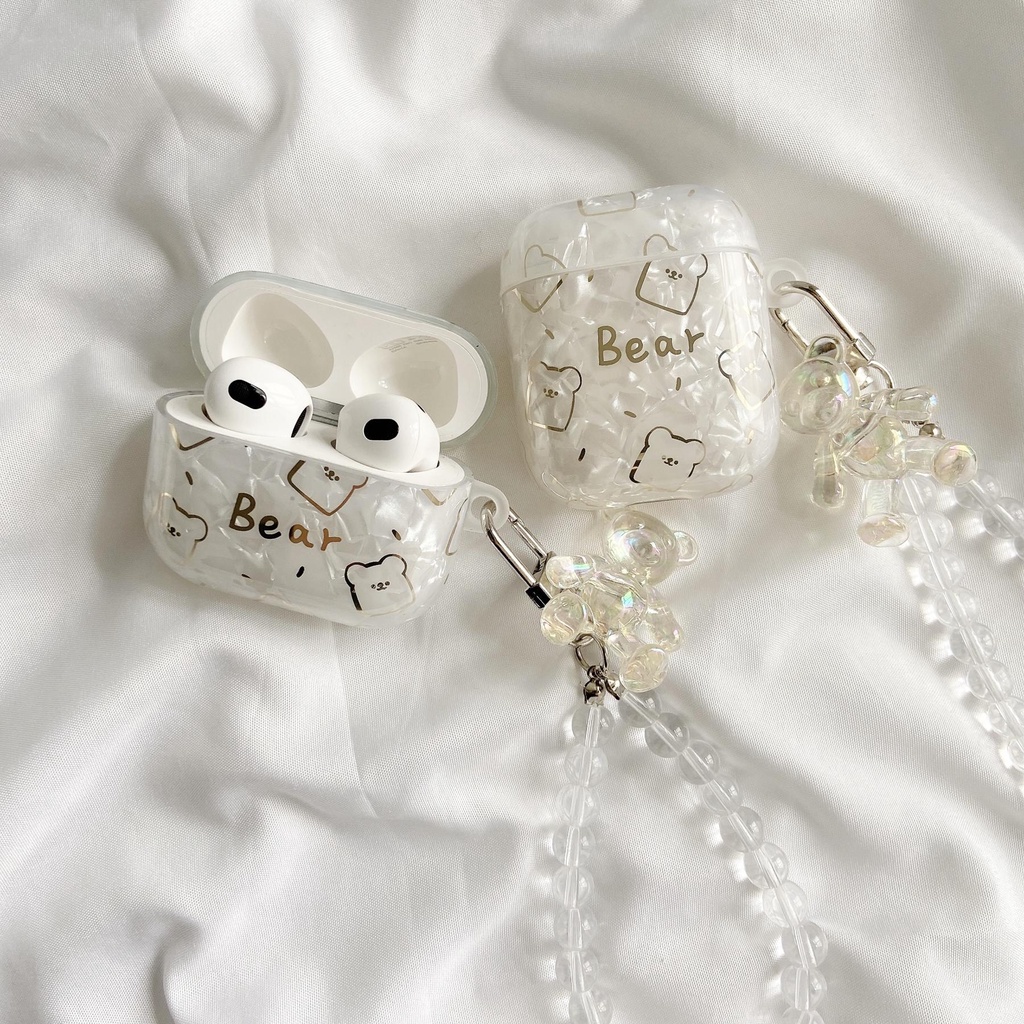 Vỏ Bảo Vệ Hộp Sạc Tai Nghe AirPods 1 2 pro 3 2021 gen3 Họa Tiết Gấu Màu Trong Suốt Gắn Dây Ngọc Trai