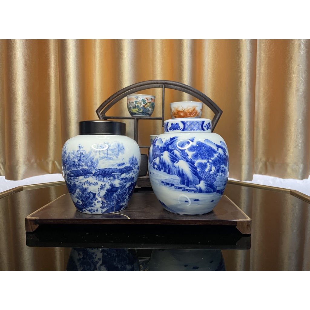 Hũ đựng trà nắp sứ 2 lớp - Sơn Thủy Trường Gian