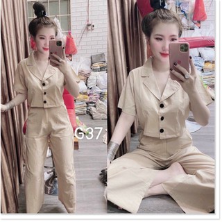 Set áo cổ bẻ cổ sơmi tay ngắn gài nút giữa quần dài
