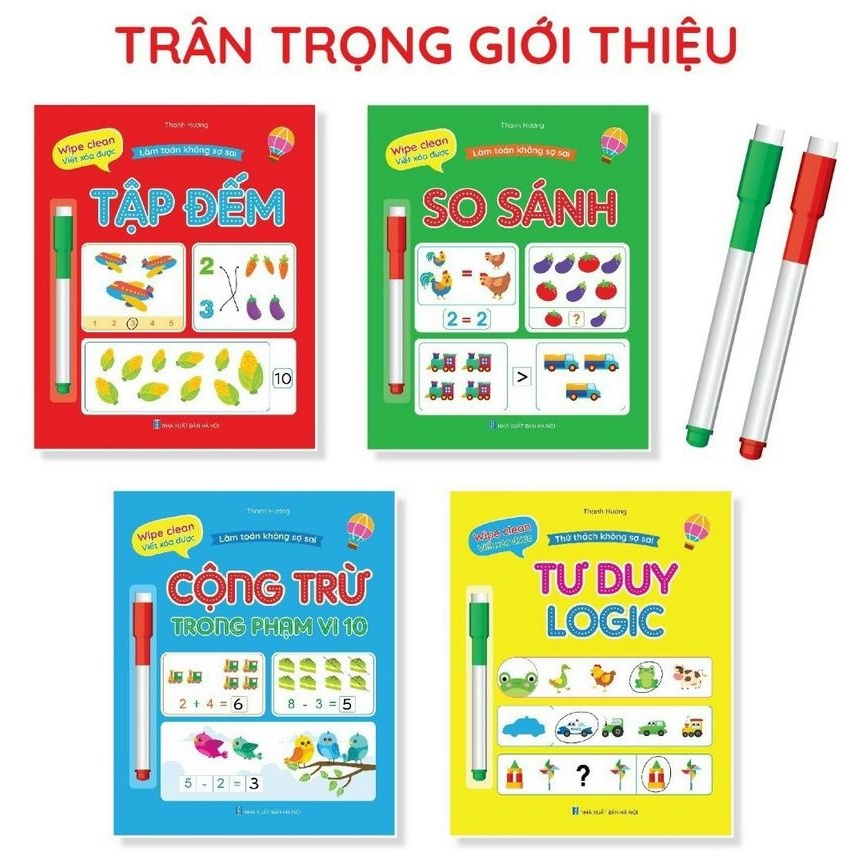Sách - Bộ Vở viết xóa được (Wipe Clean) - Làm toán không sợ sai (Bộ 4 cuốn + tặng kèm 2 bút)