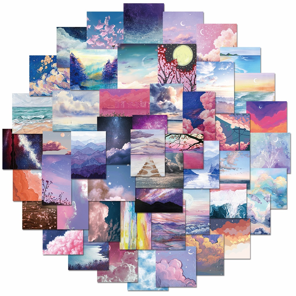 Bộ 50 miếng sticker dán trang trí laptop chống thấm nước hình phong cảnh đẹp mắt