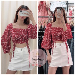 [Ảnh thật] Áo đỏ voan hoa cổ u tay bo phồng rút dây ulzzang