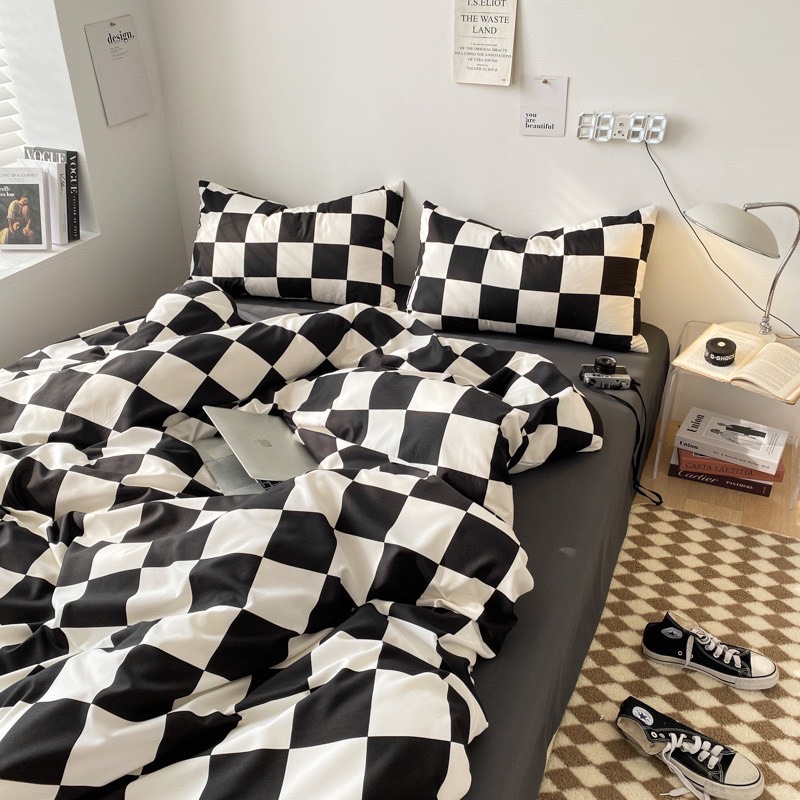 Bộ Chăn Ga Gối ❤️ Cotton tici kẻ caro đủ size ga giường cotton đũi phong cách Hàn Quốc nhập khẩu Mượt Decor