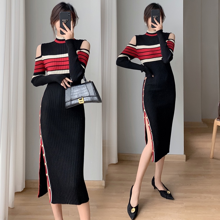 Đầm Dệt Kim Mỏng Tay Dài Hở Vai Phối Họa Tiết Kẻ Sọc Tương Phản Thời Trang Thu Đông 2022 Mới