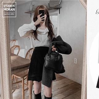 (ORDER) Set áo sơ mi MORAN dài tay cổ phối bèo điệu đà + Chân váy xòe xếp ly style Hàn Quốc
