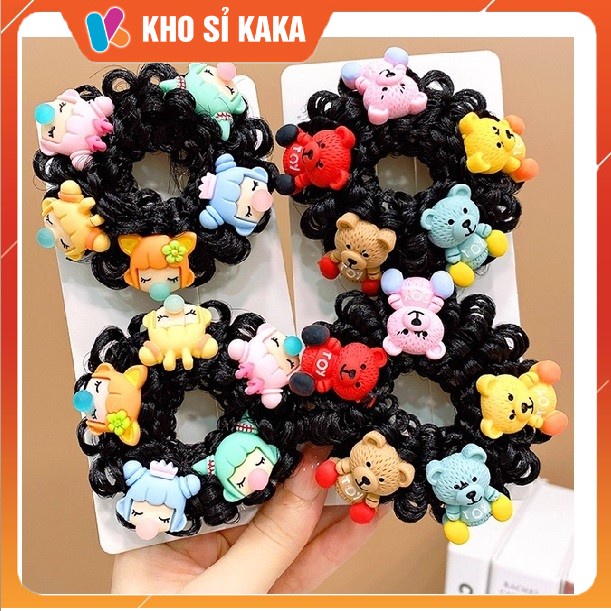 Cột tóc giả búi xoăn kèm icon cho bé gái dễ thương