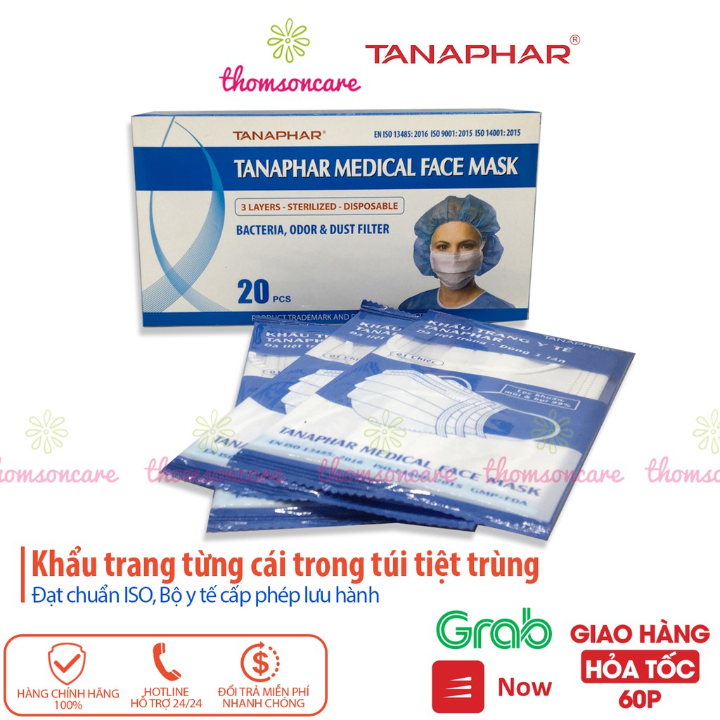 Khẩu trang y tế Tanaphar 3 lớp - hộp 20 chiếc, từng cái trong túi tiệt trùng - Đạt chuẩn ISO