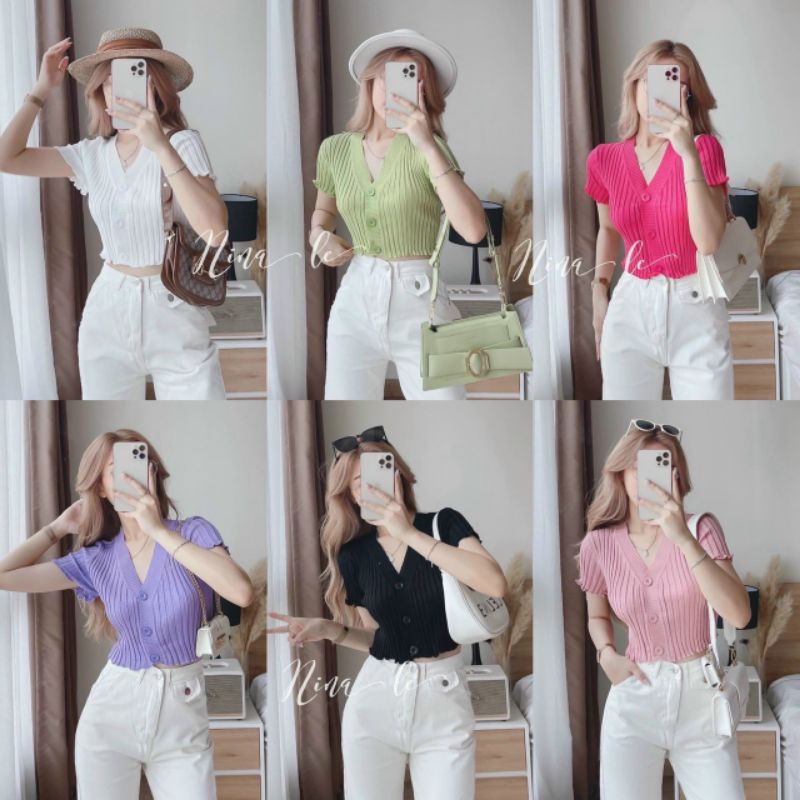 Áo croptop gân đũa tay ngắn nút to(A15