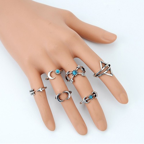 Bộ 6 nhẫn kiểu bằng hợp kim mạ bạc có đính hạt đầy độc đáo dành cho nữ