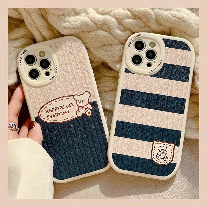 Ốp Điện Thoại Mềm Họa Tiết Kẻ Sọc Và Chú Gấu Dễ Thương Dành Cho Iphone 11 12 XR / Xs 13 Pro Max Mới