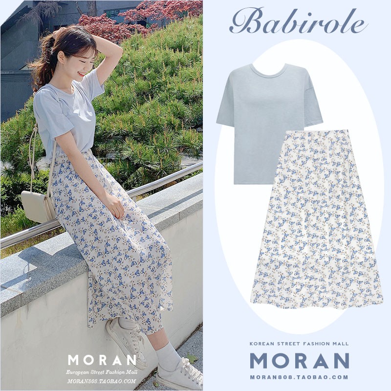 Chân váy midi dáng dài hoa nhí MORAN màu xanh trắng vintage điệu đà Hàn Quốc