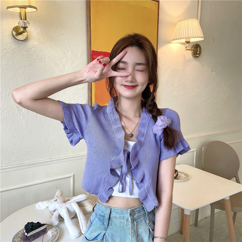 Áo Cardigan Dệt Kim Tay Ngắn Cổ Chữ V Phối Bèo Nhún Nữ Tính