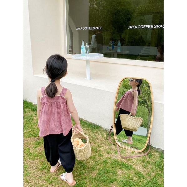 Áo Hai Dây Baby doll Mùa Hè Cho Bé Họa Tiết Caro Nhí Cúc Giữa