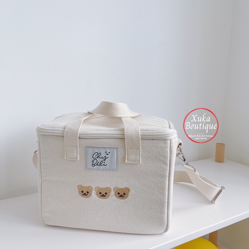 Túi Giữ Nhiệt Ủ Bình Sữa Cho Bé Họa Tiết Gấu Vải Cavans Organic Xuất Hàn Cao Cấp