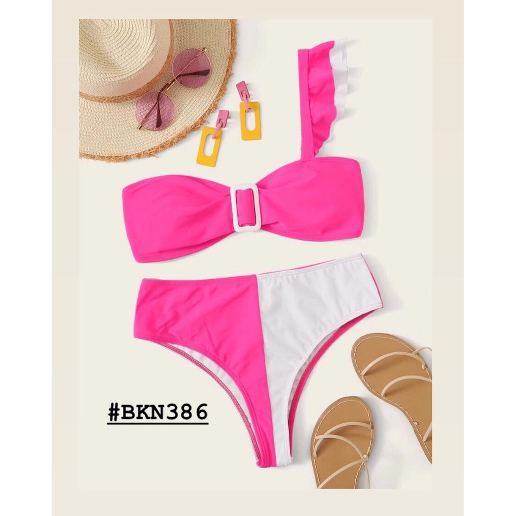 [BKN386] &lt;ÂU&gt; SET BIKINI LỆCH VAI HỒNG NEON/THỔ CẨM (CẠP CAO)