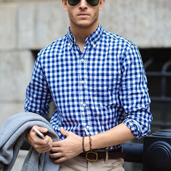Áo sơ mi nam màu kẻ caro màu xanh dương chất thô dáng ôm nhẹ cho nhiều lứa tuổi