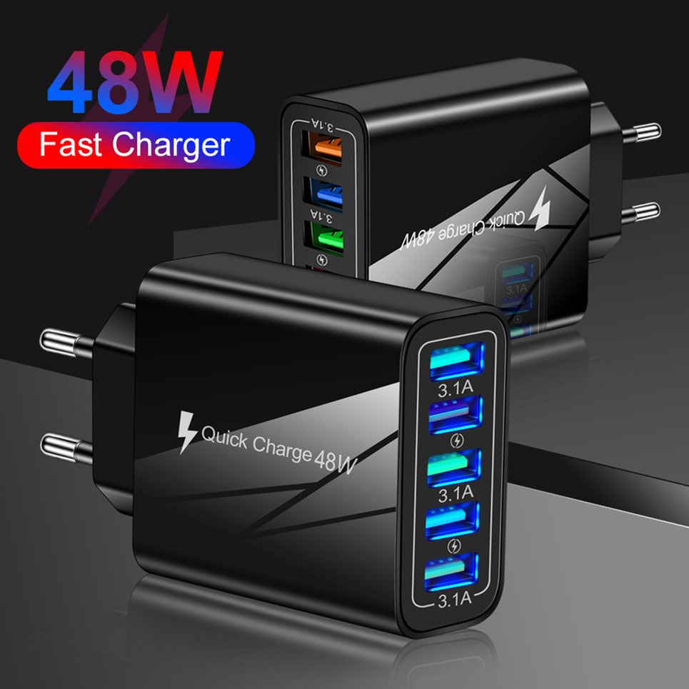 USB Charger 5 Ports Quick Charge Universal Wall Chargers Luminous Wall Charger