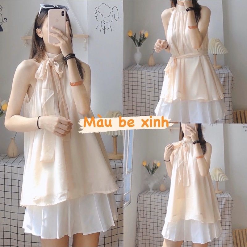 Áo xẻ cánh tay voan tơ thắt nơ mịn 2 lớp, yếm voan tơ dáng xoè