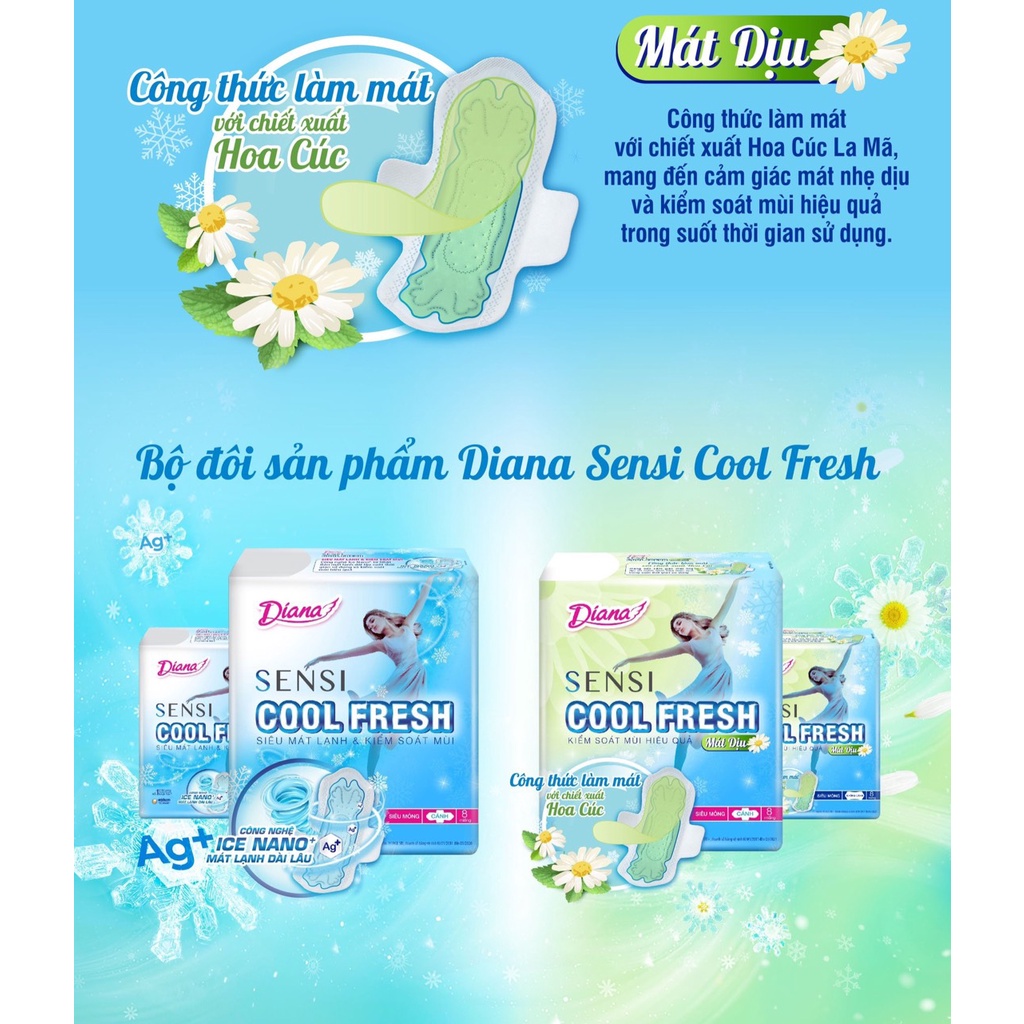 [GÓI LỚN 20+2M] Băng vệ sinh Diana Sensi Cool Fresh siêu mỏng cánh gói 20 miếng - Chính Hãng