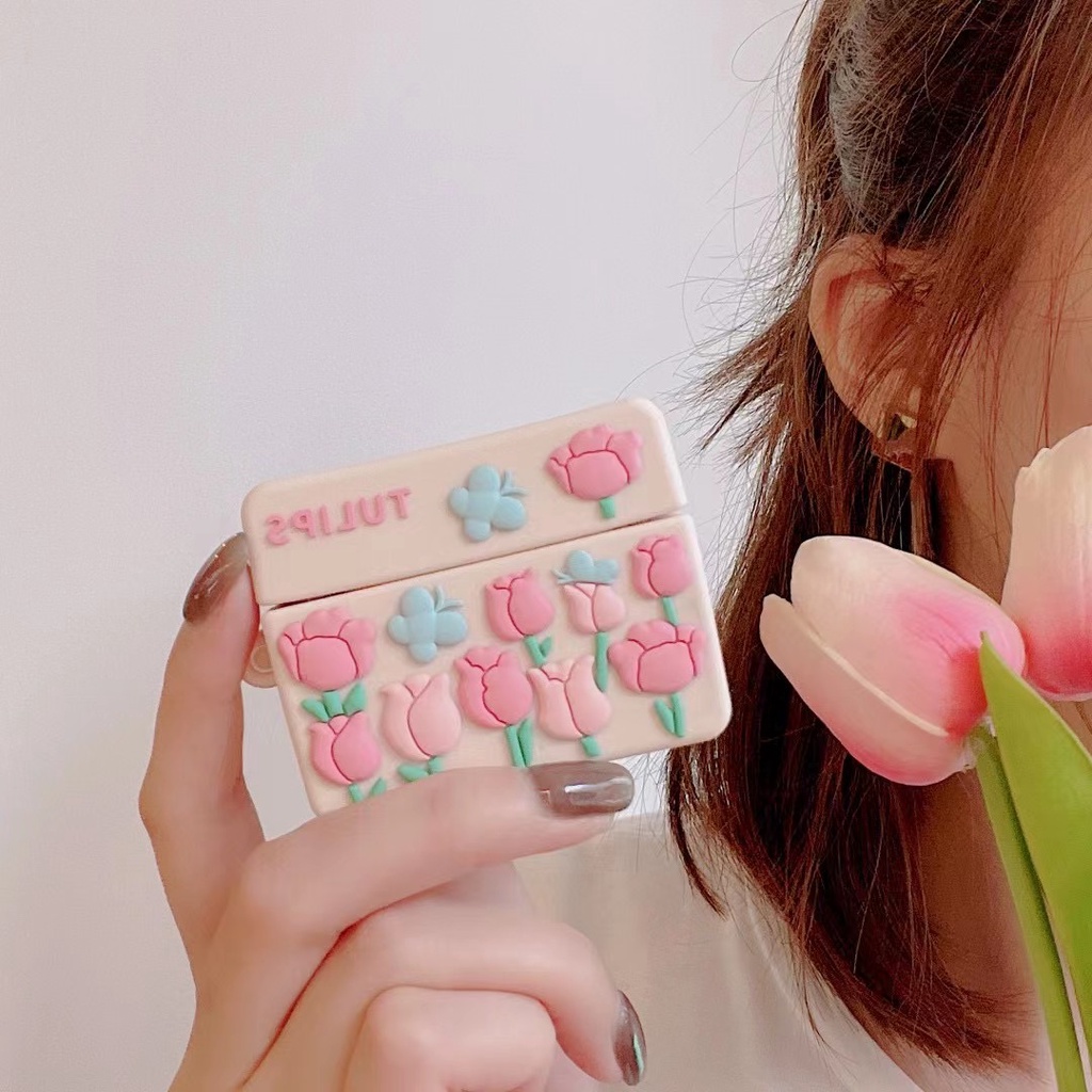 Vỏ Bảo Vệ Hộp Sạc Tai Nghe Airpod 1 2 3 pro Bằng Silicon Mềm Hình Hoa tulip Hồng 3D Dễ Thương