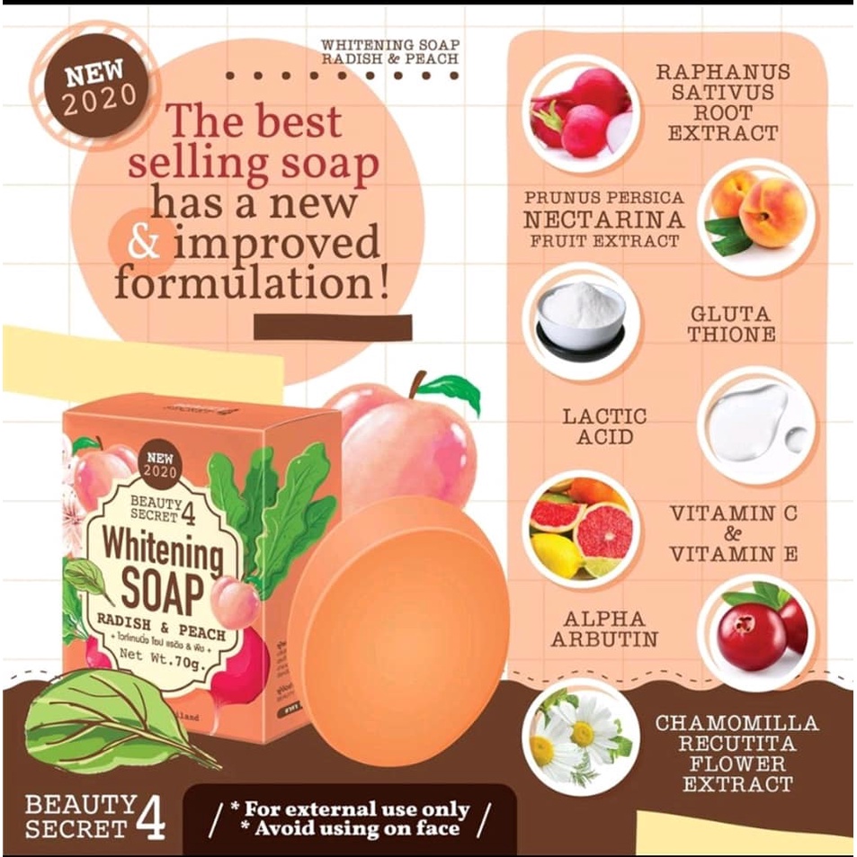 01 Xà Bông Phục Hồi &amp; Trắng Da Whitening Soap Radish &amp; Peach 70gram Thái Lan