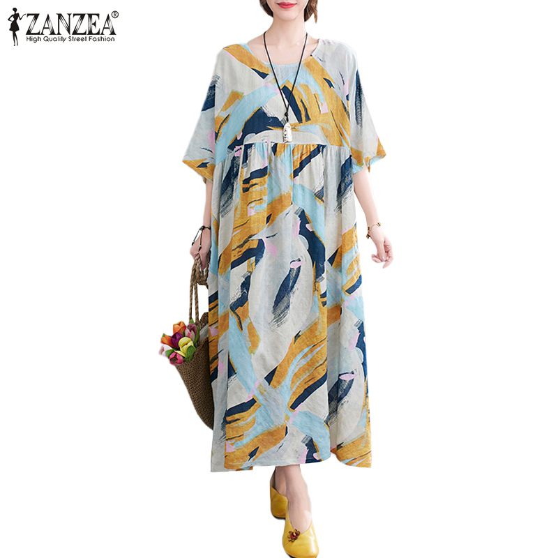 Đầm Maxi ZANZEA Ngắn Tay In Họa Tiết Hình Học Sành Điệu Cho Nữ