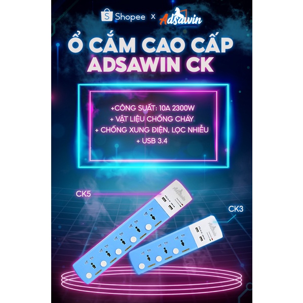 Ổ Cắm Cao Cấp Chống Sét,Chống Xung Điện,Lọc Nhiễu,USB Sạc Nhanh 3.4A, 525J Toshino Adsawin CK3 ThaiLand