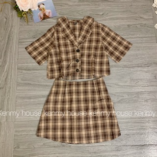 Set áo sơ mi croptop kèm chân váy ( hình thật ) 💛