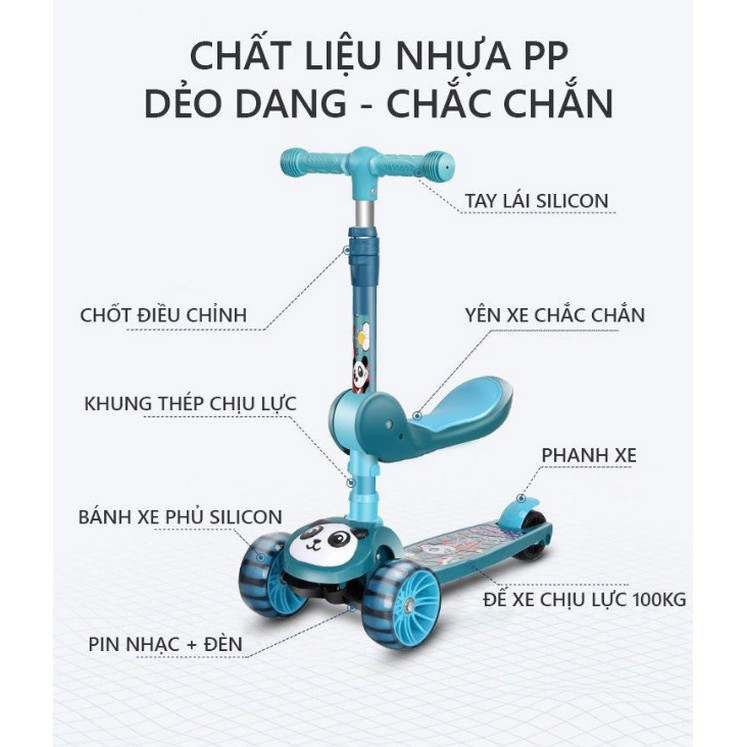 Xe Scooter PANDA 3In1 Chồi Chân, Có Nhạc - Home and Garden