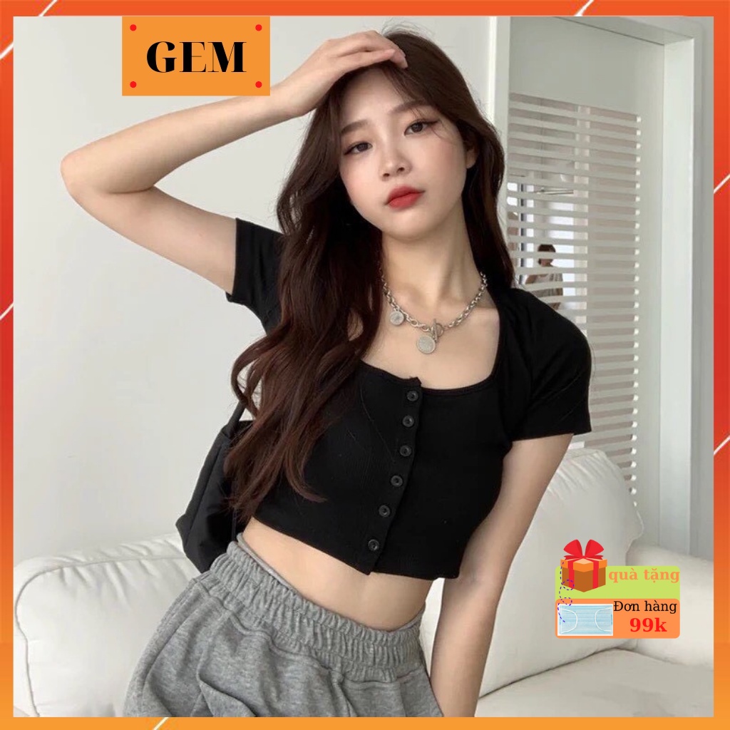 Áo croptop kiểu tay ngắn cài cúc sexy , croptop nữ vải thun gân phong cách hàn quốc