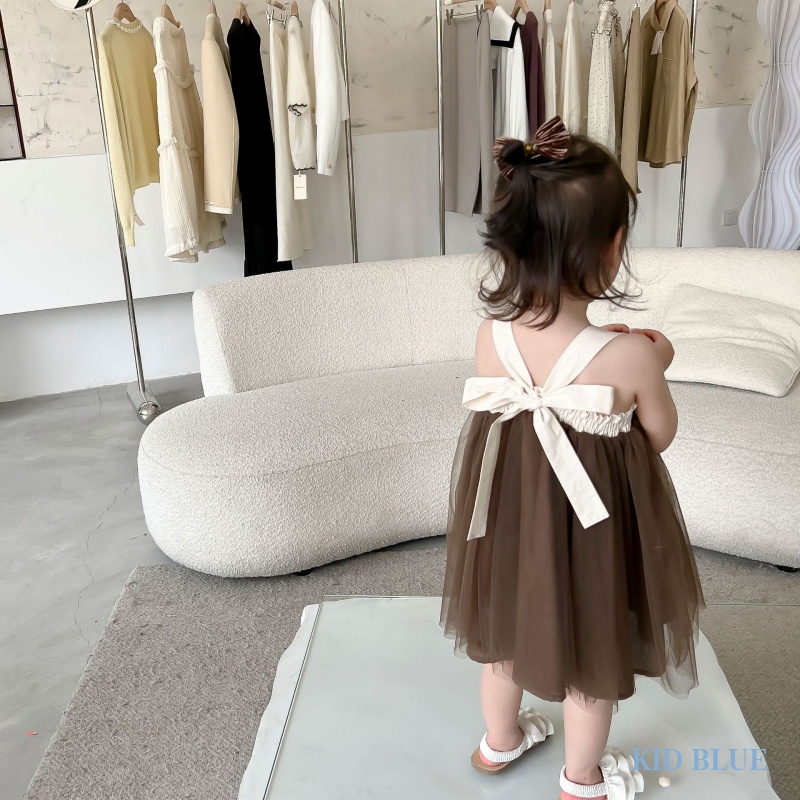 Đầm Công Chúa Hai Dây Phối Lưới Thắt Nơ Phong Cách Hàn Quốc Thời Trang Mùa Hè Cho Bé Gái