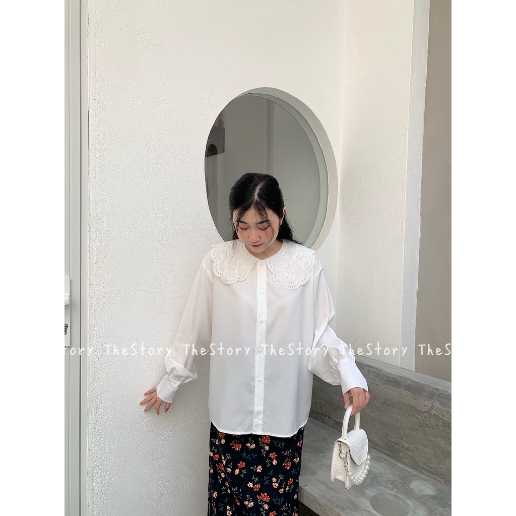 [STR] Áo sơ mi cổ bèo đục hoa, hàng nút trắng A2370