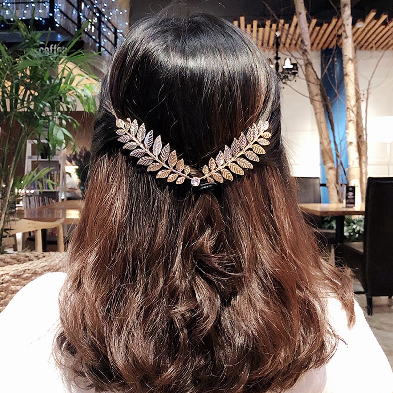Korean Gold Alloy Leaf Crystal Hairbands,Back Hold Bride Wedding Headwear,Women Fashion Hair Clip