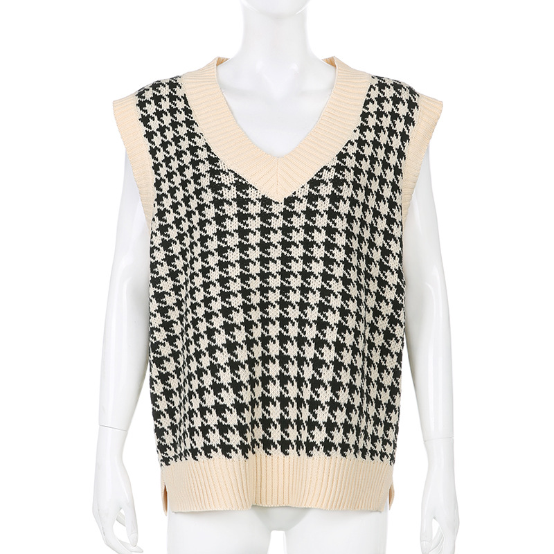 DUNEA Áo Dệt Kim Không Tay Cổ Chữ V Họa Tiết Kẻ Sọc Caro Thời Trang Mùa Thu Cho Nữ