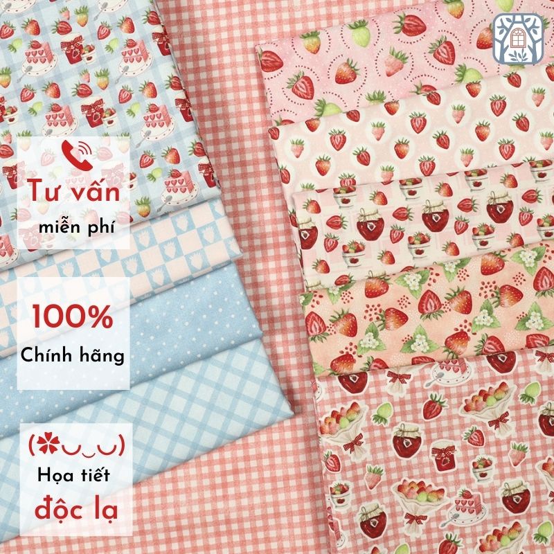 CS21-256 Vải cotton 100% tự nhiên🍒CHUANSHUI🍒khổ vải 145CM , rừng dâu ngọt ngào - vải đẹp handmade, quilt, may vá