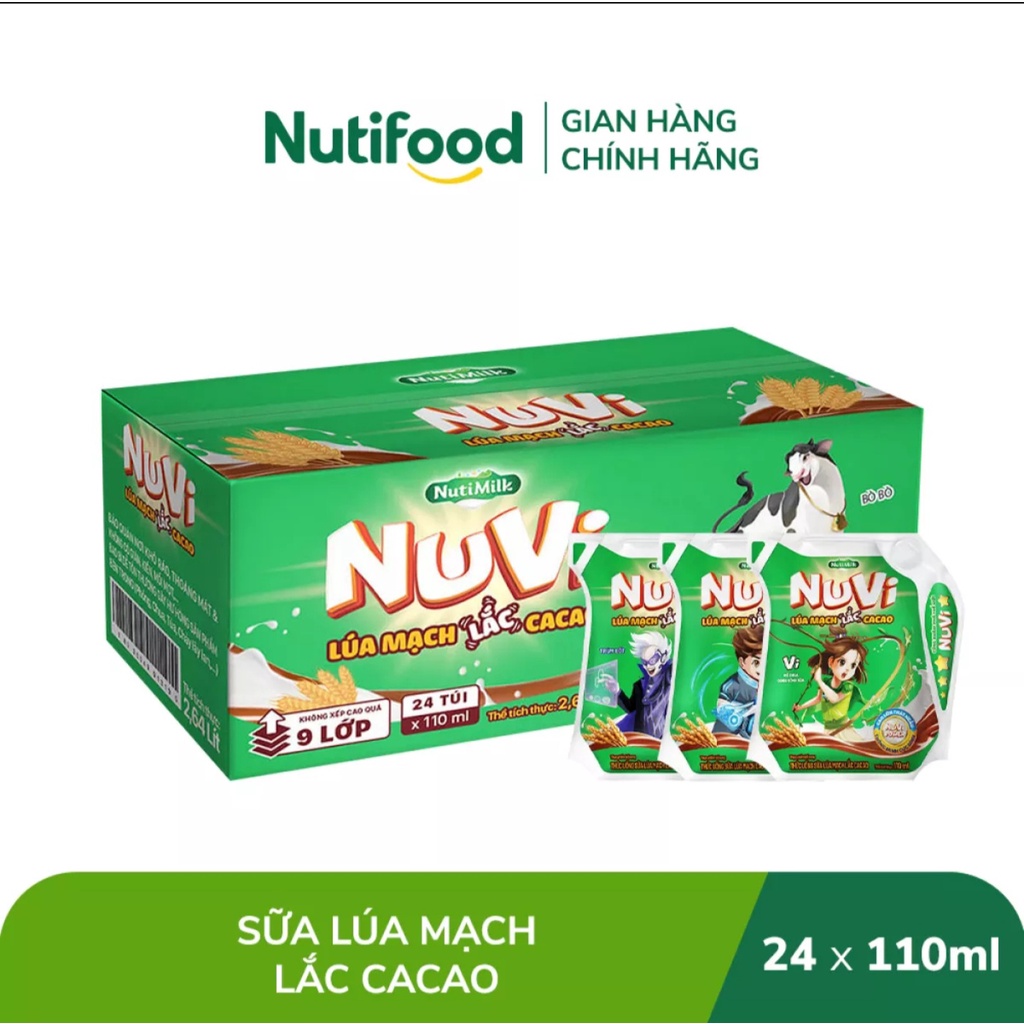 [HSD T1-2024] Thùng 24 túi NuVi Thức uống Sữa Lúa mạch Lắc Cacao túi 110ml.