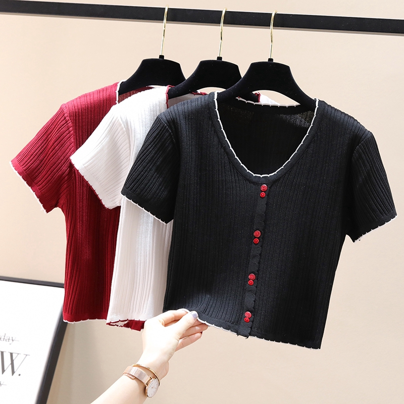 SUXI Áo Croptop Dệt Kim Cổ Chữ V Cho Nữ