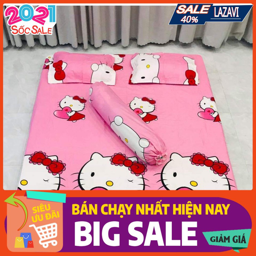 Bộ ga gối kèm vỏ gối ôm poly,gồm 1ga 2 vỏ gối nằm 1 vỏ gối ôm-hello kitty ôm tim