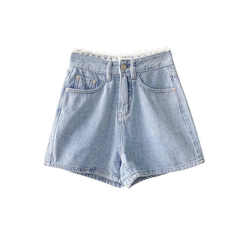 Quần sooc cạp cao ren hoa, quần short jean lưng cao