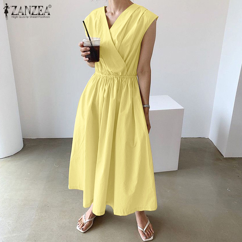 ZANZEA Women Casual V-Neck Sleeveless Swing Pleated Loose Long Dress | BigBuy360 - bigbuy360.vn