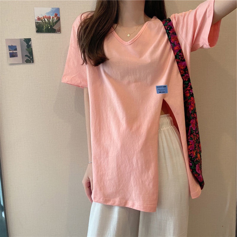 Áo Thun Tay Ngắn Cổ Chữ v Form Rộng Thiết Kế Xẻ Tà Phong Cách Mới