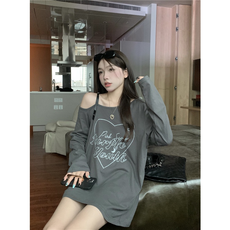 Áo thun trễ vai tay dài phong cách retro Mỹ thời trang dành cho nữ